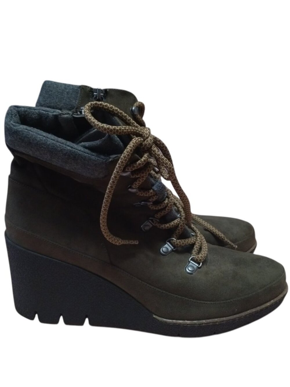 Dr Scholl's Microfiber LADA Brown Wedge Booties Size 9M Side Zip Lace Up Front